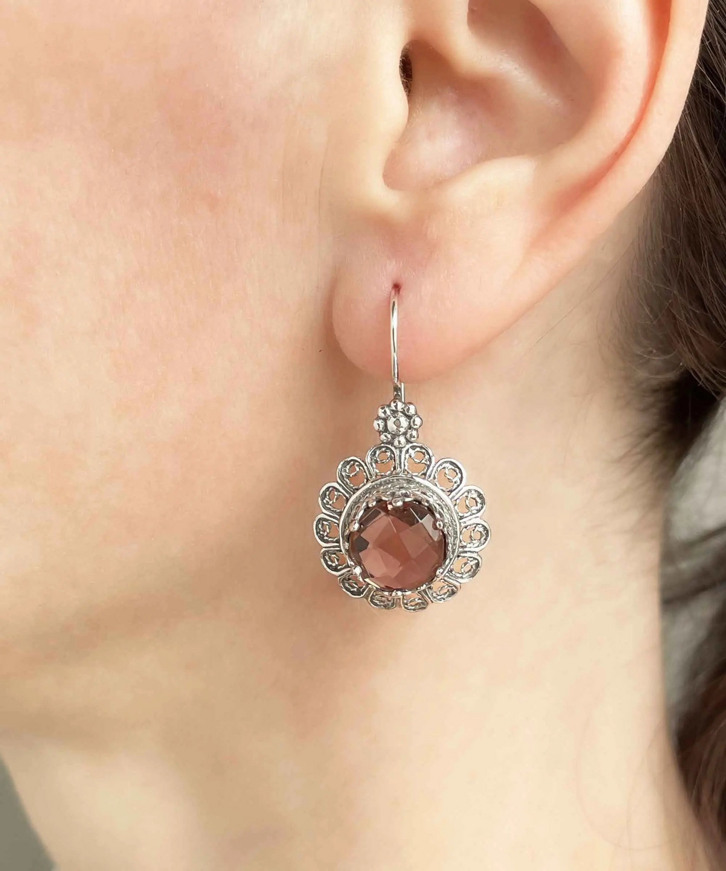 Filigree Art Flower Design Alexandrite Gemstone Women Silver Drop Earrings