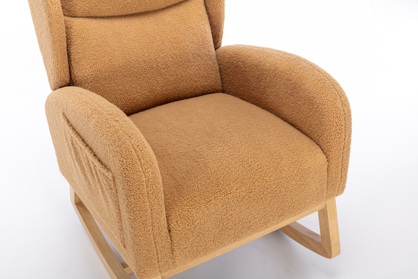 049-Teddy Fabric Rocking Chair With Packet Wood Legs,Khaki