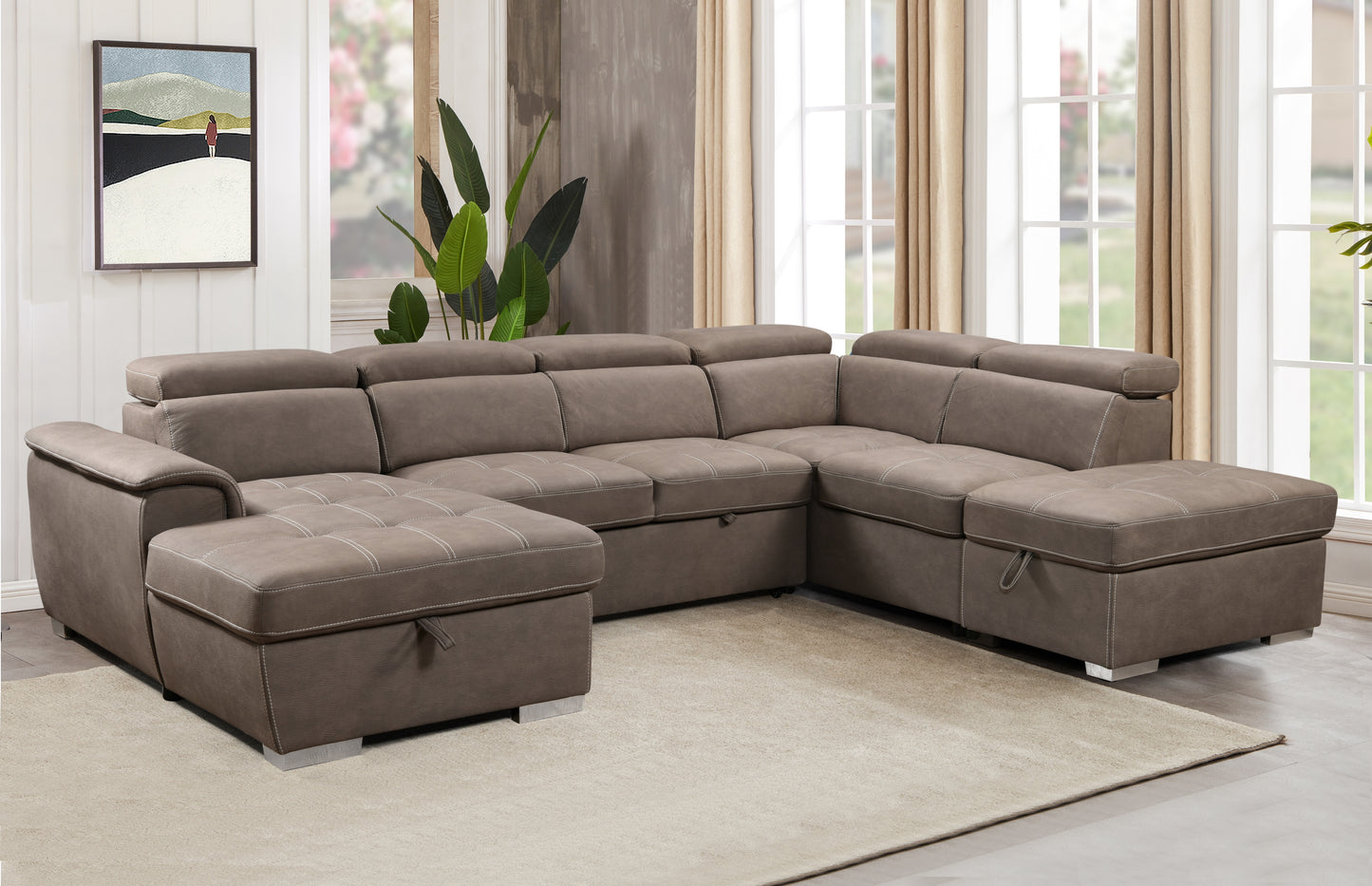 128'Sofa U Shaped Sectional Couch with Ottomans Reversible Modular Sofa 7 Seater Couch with Storage Seat,Living Room Furniture Sofa Sets with Adjustable Headrest, Brown