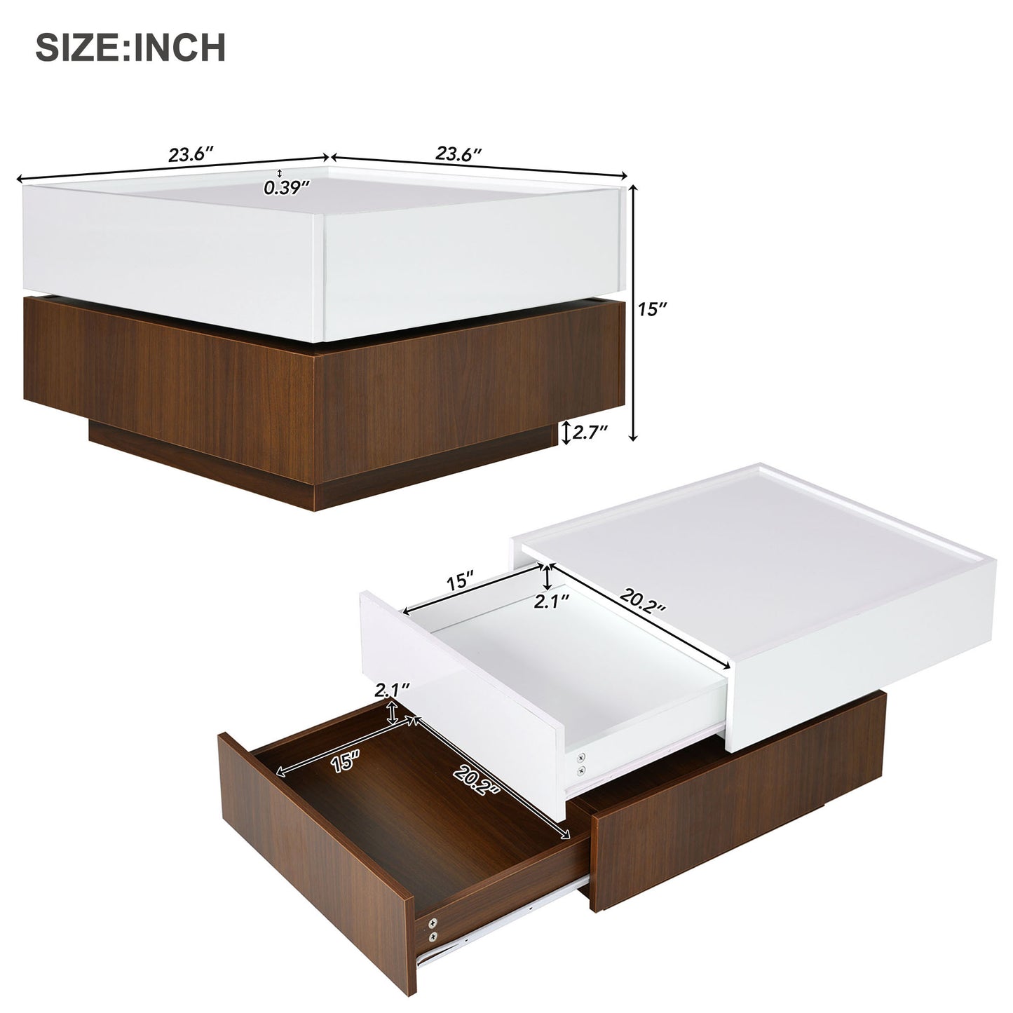 ON-TREND Square 360°Rotating Coffee Table with 2 Drawers, High Gloss 2-Tier Center Table with Swivel Tabletop and Storage, Walnut Table Frame Side Table for Living Room, White