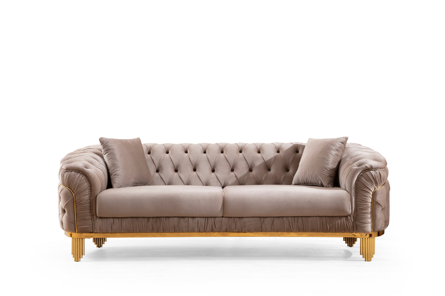 Vanessa Modern Style Button Tufted Sofa Made of Wood and Gold Coated Metal Legs in Taupe Color      same as G150109201  (NJ inventory)