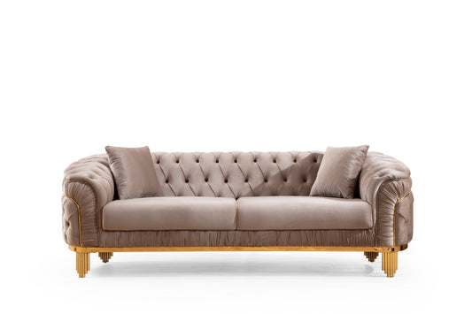 Vanessa Modern Style Button Tufted Sofa Made of Wood and Gold Coated Metal Legs in Taupe Color      same as G150109201  (NJ inventory)
