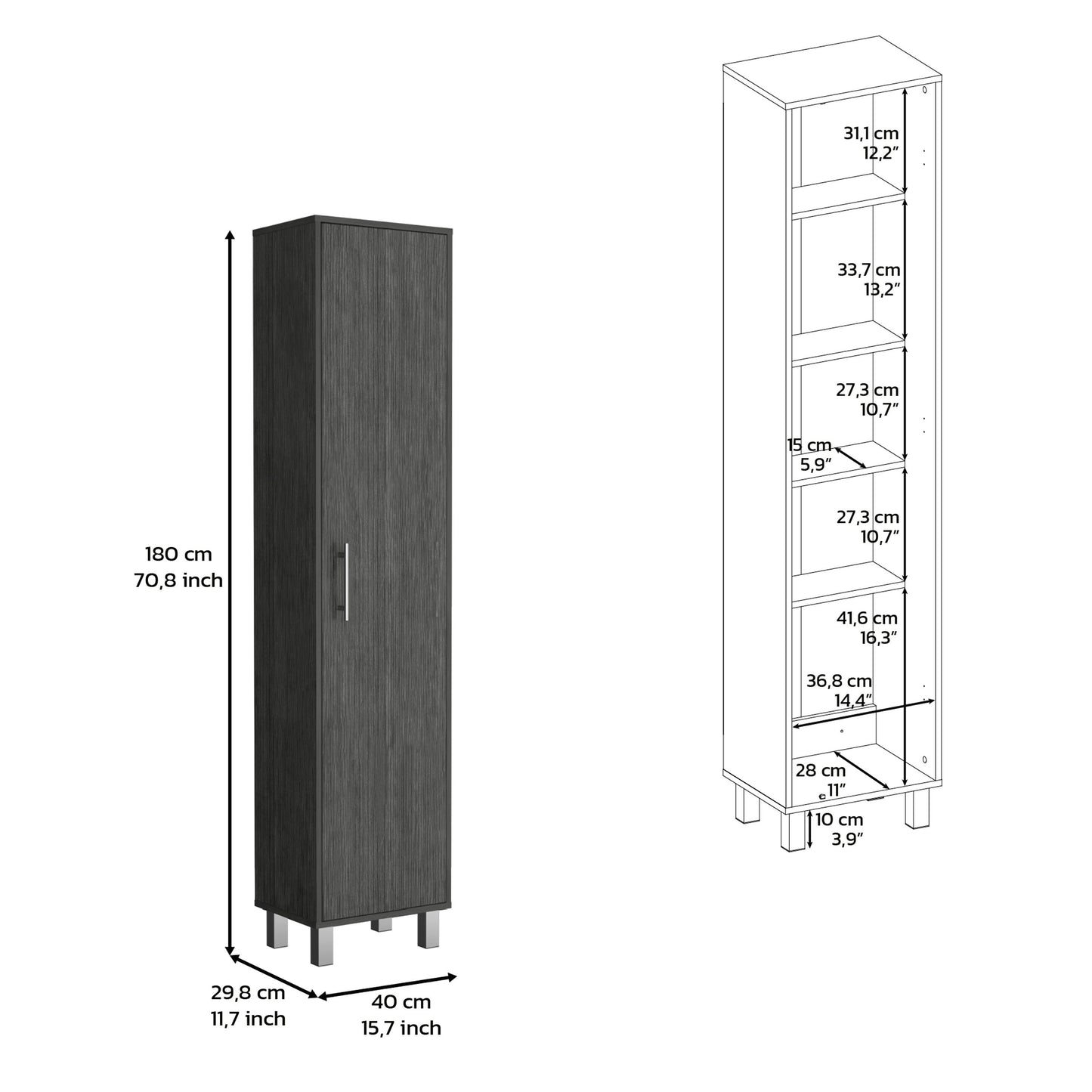 70.8H" Tall Narrow Storage Cabinet with 5-Tier Shelf, 3 Broom Hangers and Metal hardware, Smokey Oak