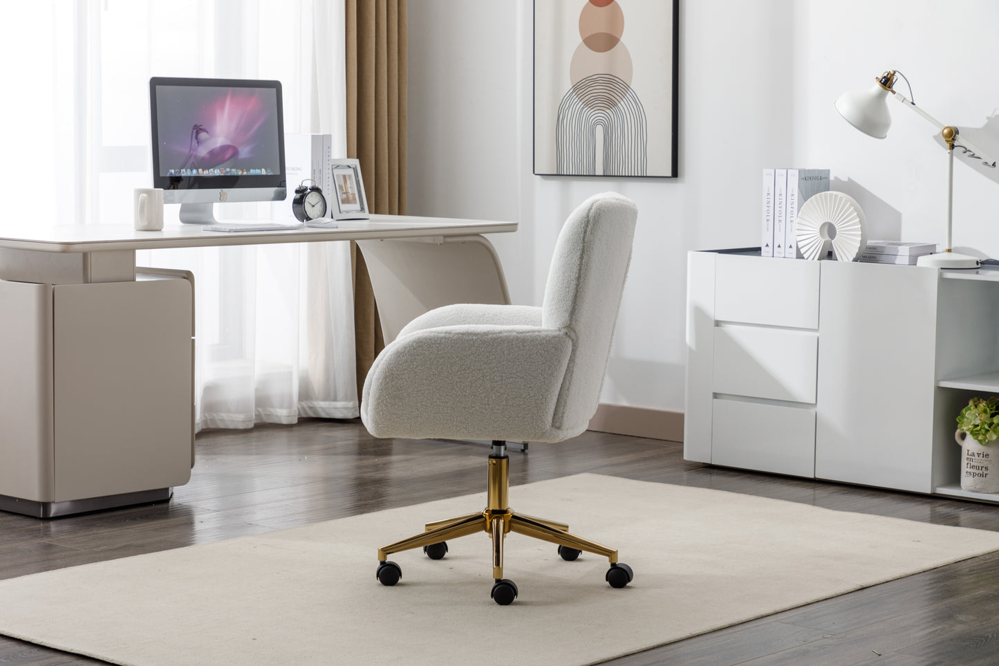 005-Teddy Fabric 360 Swivel Home Office Chair With Gold Metal Base And Universal Wheels,Ivory