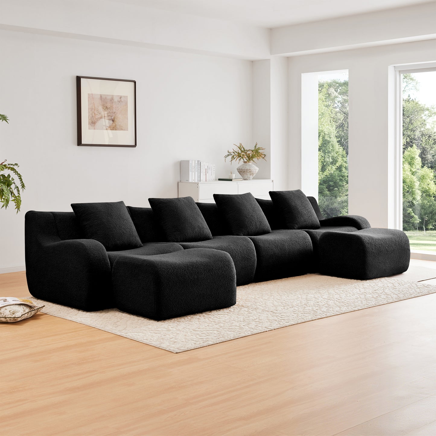 U-Shaped Boneless Sofa,Teddy Fabric No assembly required Curved armrest,Anti-slip Design,Streamlined Design 32D High Density Sponge,Full Compression Vacuum Packag,For Studies living Rooms,Black