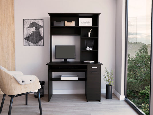 Compu Hutch Desk, Keyboard Tray, Door Panel For CPU, Multiple Shelves, One Drawer, Black