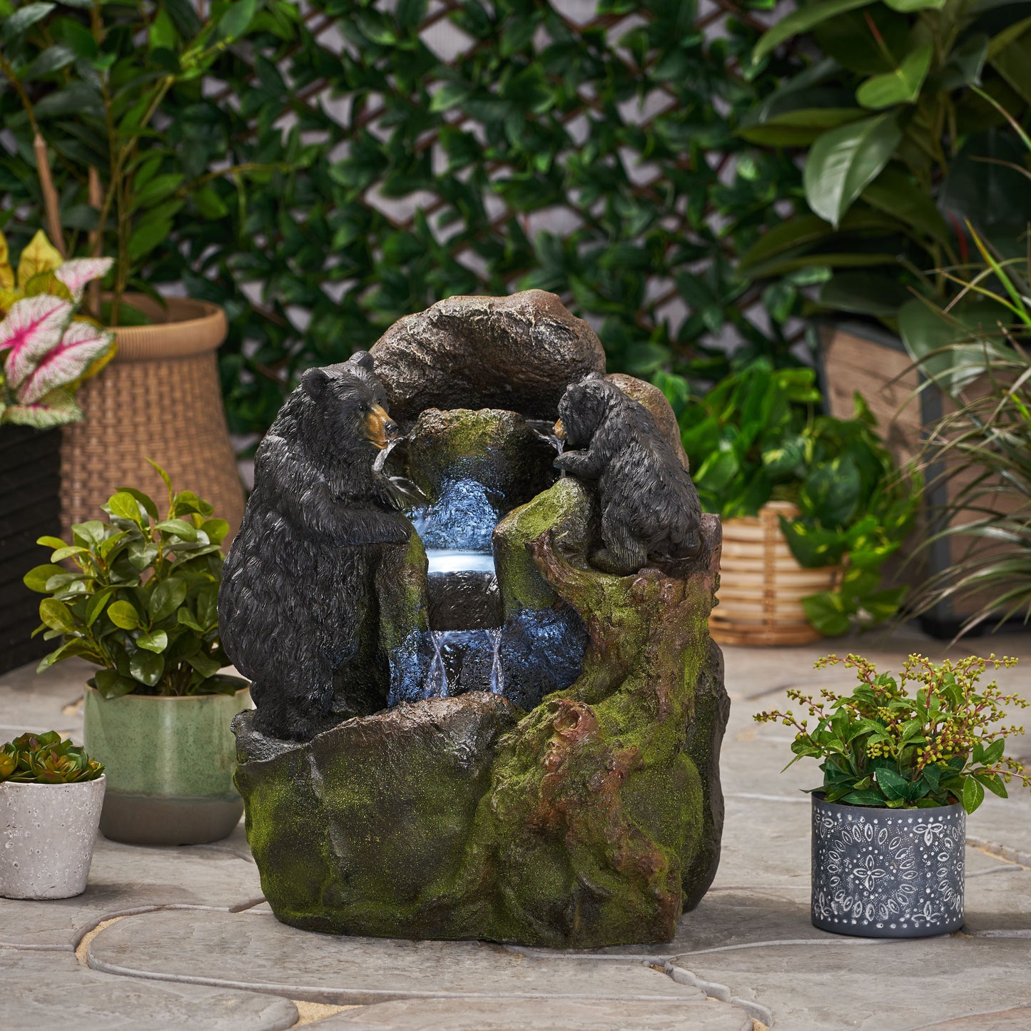 23.75' High Hand Crafted Weather Resistant Floor Fountain, Moss + Black