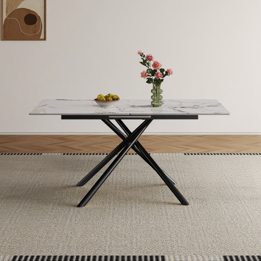 59-inch Modern rectangle Expandable Dining Table with Retractable Leaf, Sintered Stone Top & Black Carbon Steel X-Base, Sturdy 4-6 Person Table for Small Apartments, Kitchen, Dining Room