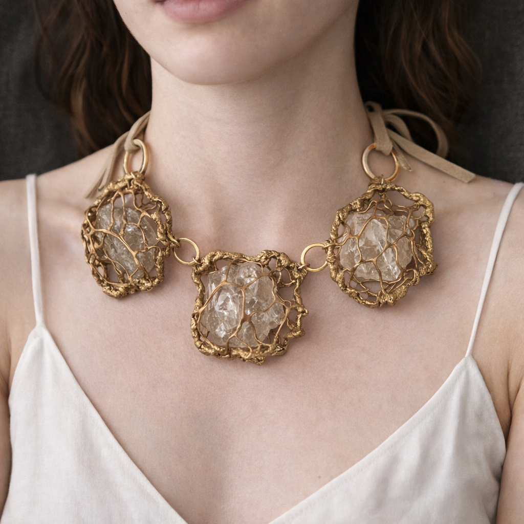3 Pc Gold Mesh Pods Necklace with Herkimer Diamonds