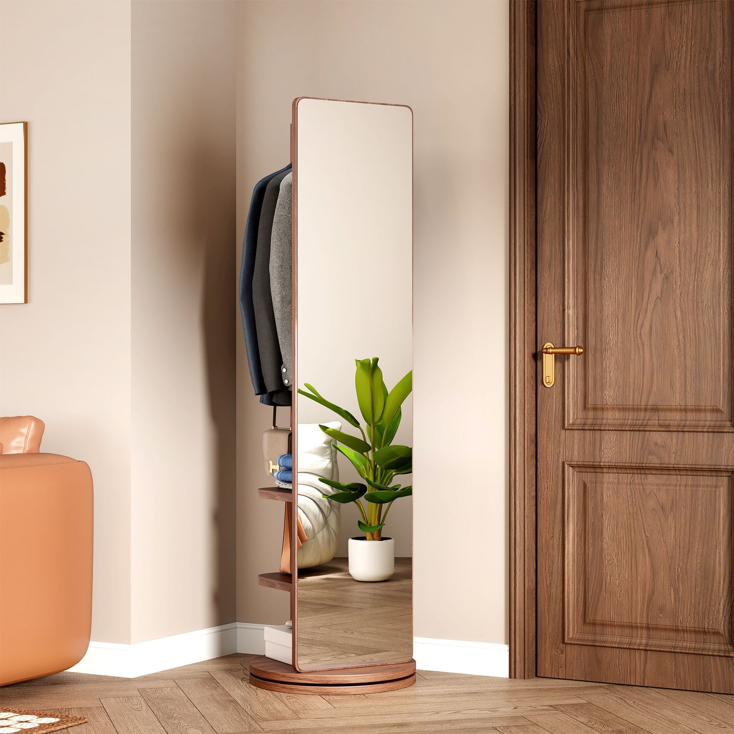 360° Rotating 69'x16' Multifunctional Full Length Mirror with Hook Storage Rack Coat Rack with Mirror Solid Wood Floor Mirror Bedroom Living Room Cloakroom Space Saving (walnut)