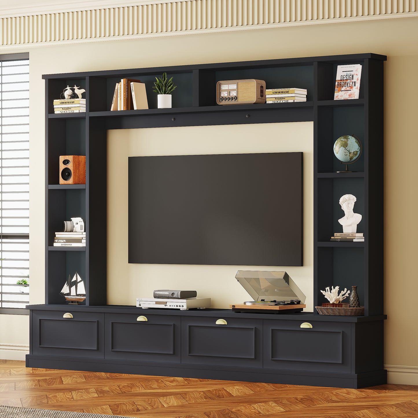 ON-TREND Large Wall Unit Entertainment Center with Bookshelves for TVs Up to 78'', Modern TV Console with Cabinets and Open Shelves, 4-in-1 TV Stand with Golden Handles, Black, 104.2''W*81.2''H