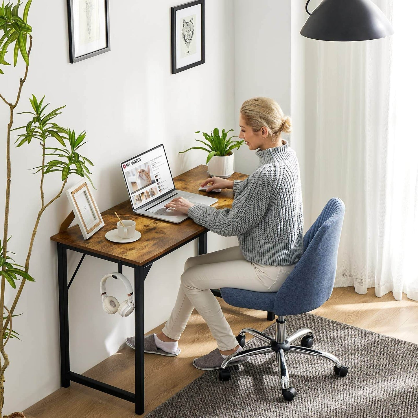 Modern Simple Style Wooden Work Office Desks with Storage,63 Inch,Brown