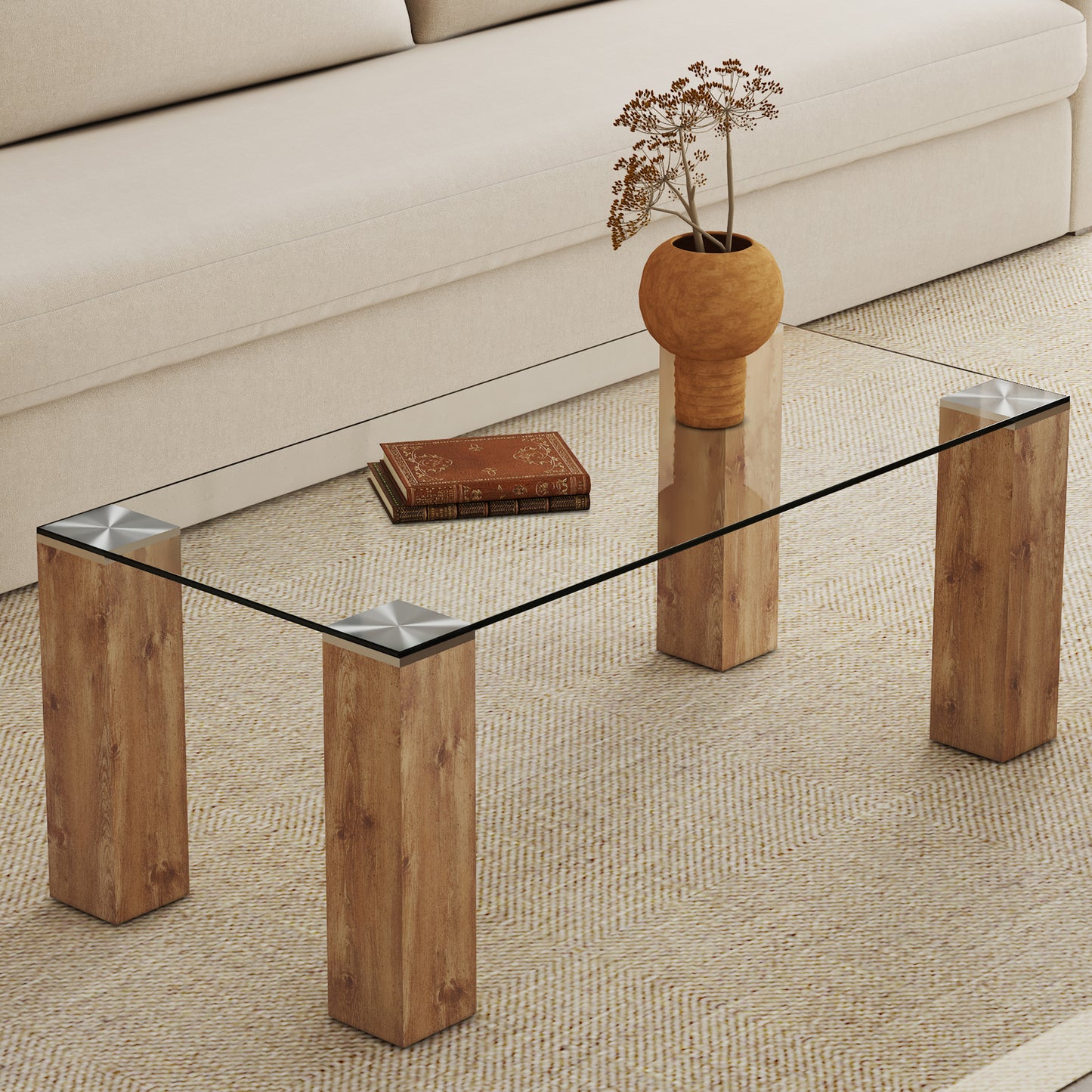 Glass-Top Coffee Table,tea table, with MDF Legs - Stylish Blend of Elegance and Durability 44.9"*21.7"*16.9"