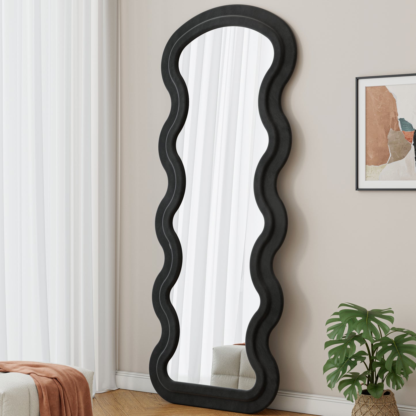 Flannel Full Length Wave  Floor Mirror  for Bedroom living room Hanging or Against The Wall black