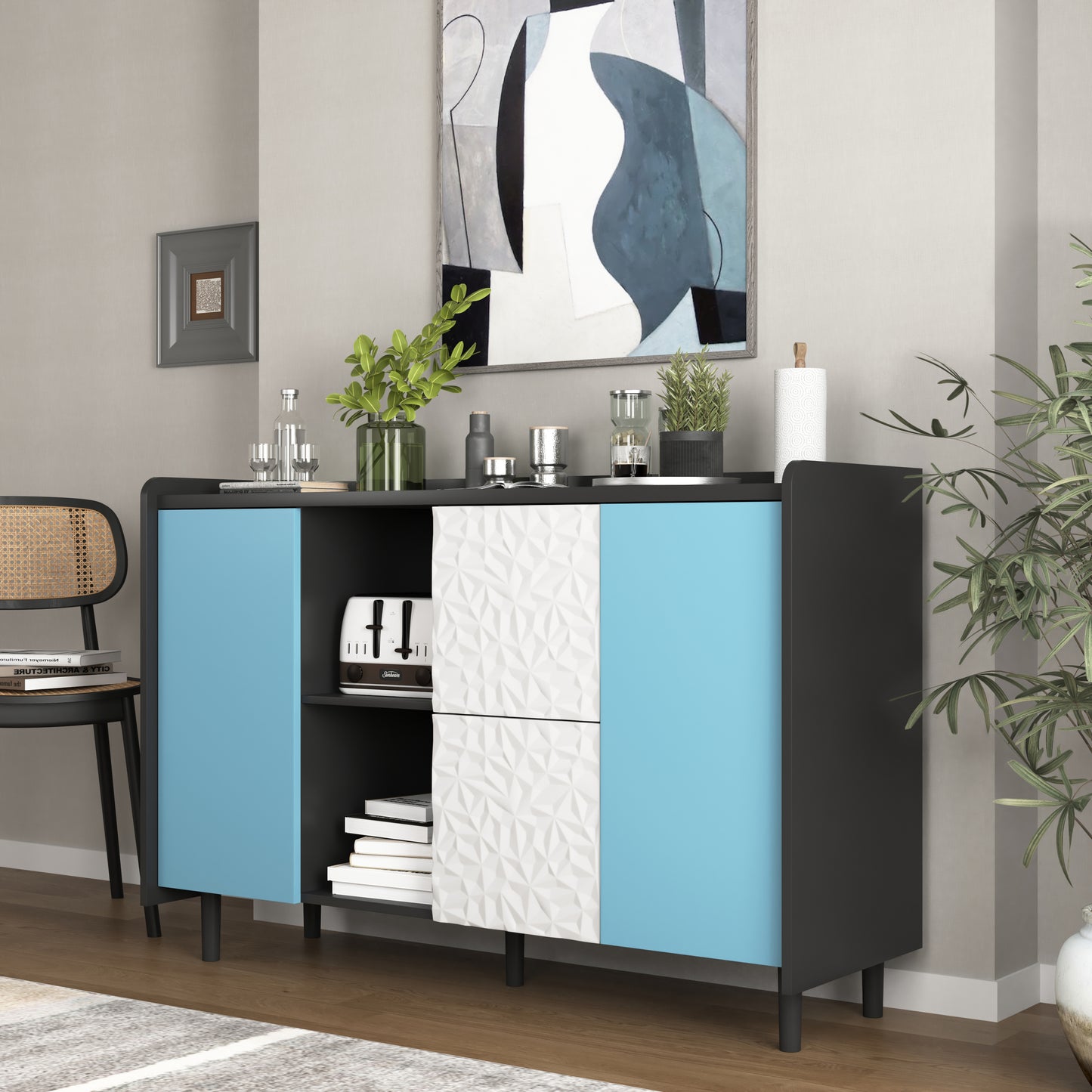 Sideboard Buffet Cabinet, Black Storage Cabinet with Blue Doors , 2 Drawers with unique panel styling and 2 Open Storage Compartment, Modern Coffee Bar Cabinet Accent Cabinet for Kitchen, Dining Room,