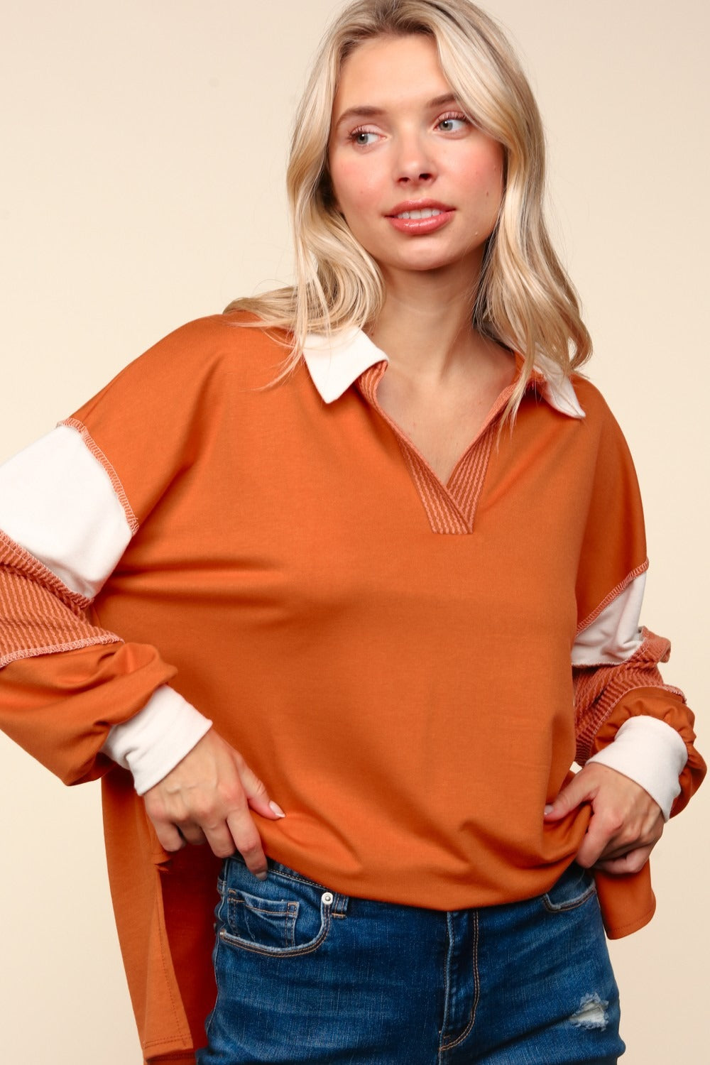 Haptics Color Block Exposed Seam Long Sleeve Top