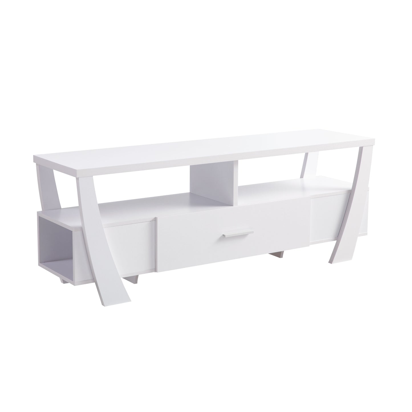 White TV Stand with Two Shelves, One Drawer, and Side Shelf Modern Entertainment Center for Media Storage