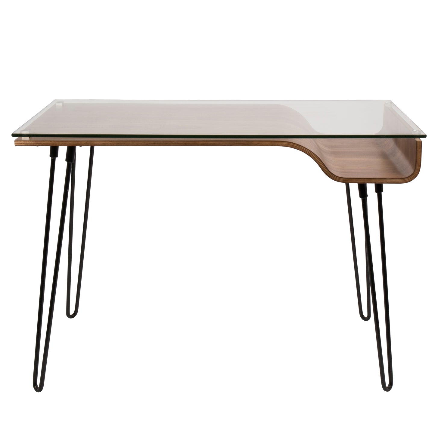 Avery Mid-Century Modern Desk in Walnut Wood, Clear Glass, and Black Metal by LumiSource
