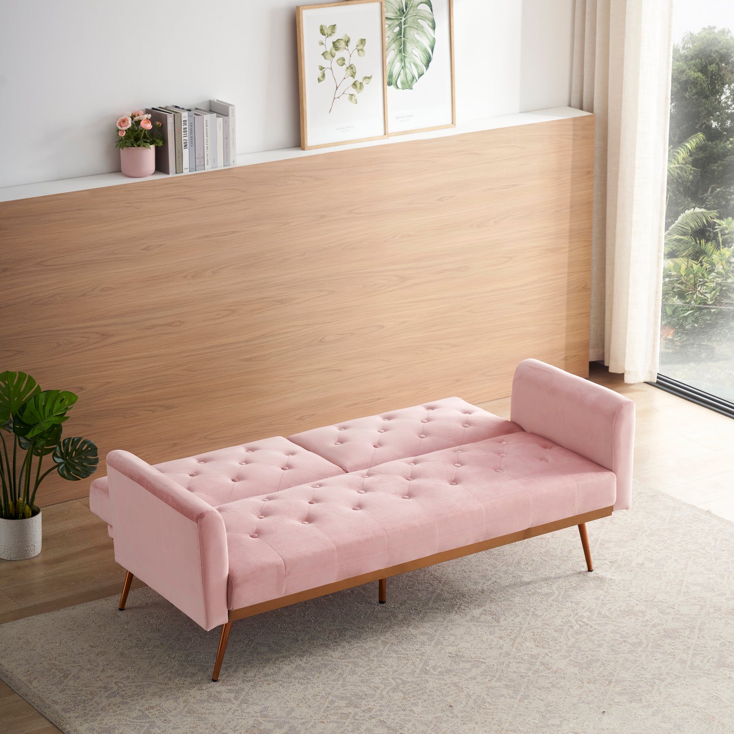 68.3" Pink velvet nail head sofa bed with throw pillow and midfoot