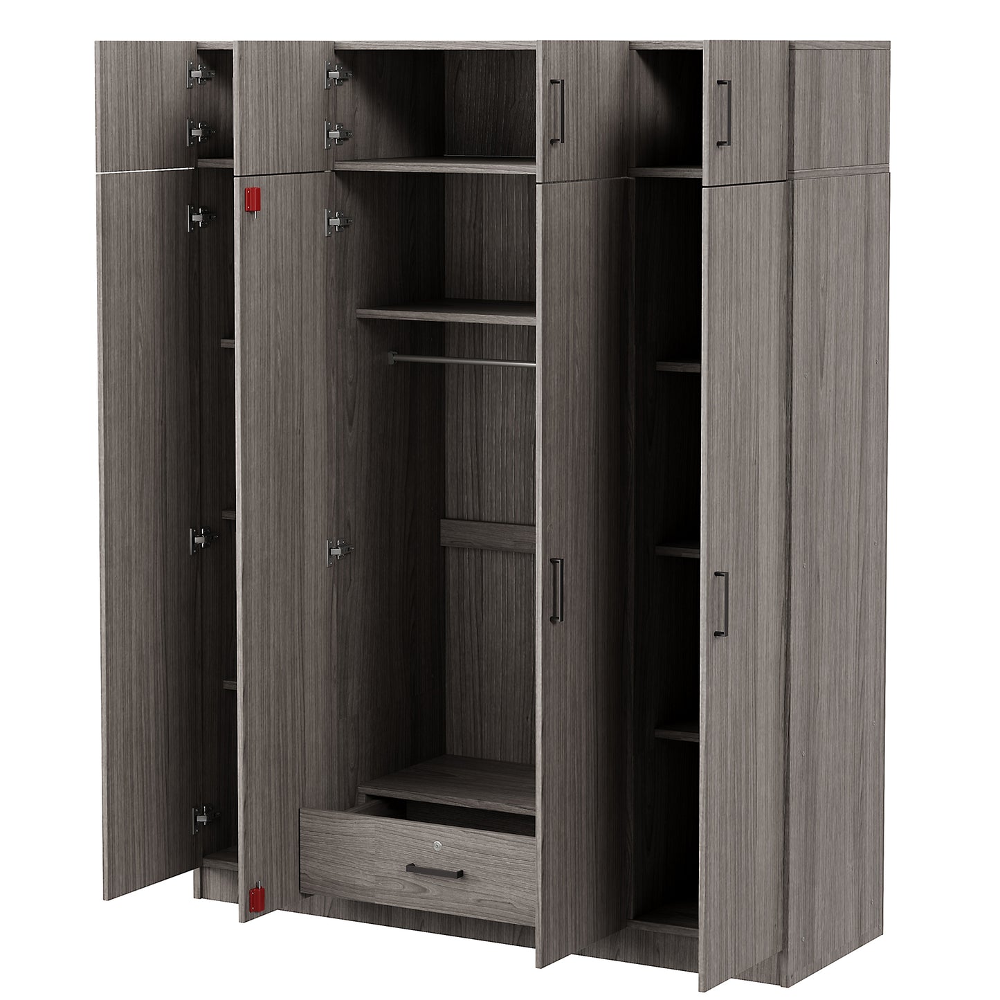 4-Door Wardrobe with 1 Drawer and Top Cabinet , Gray