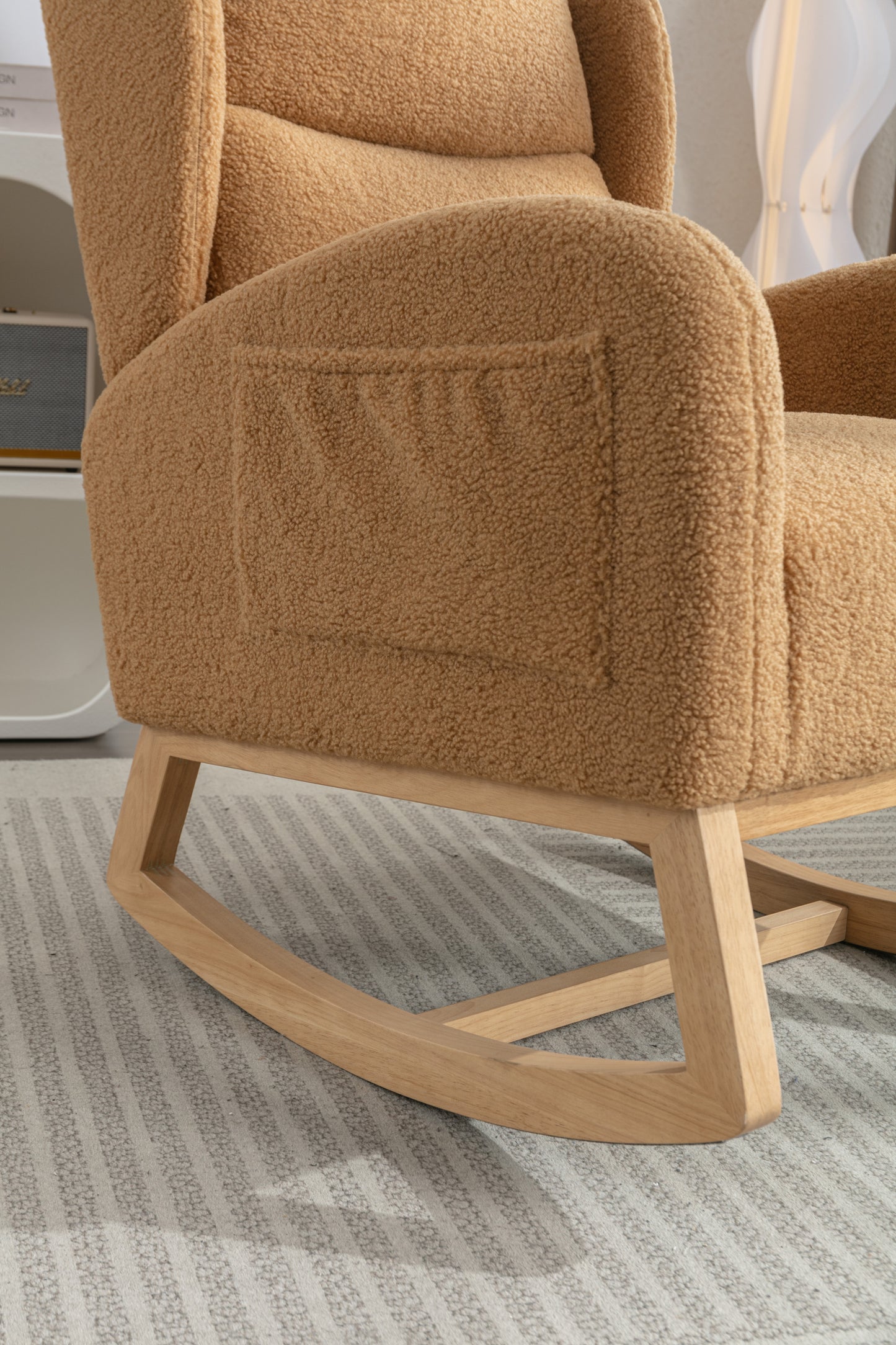 049-Teddy Fabric Rocking Chair With Packet Wood Legs,Khaki