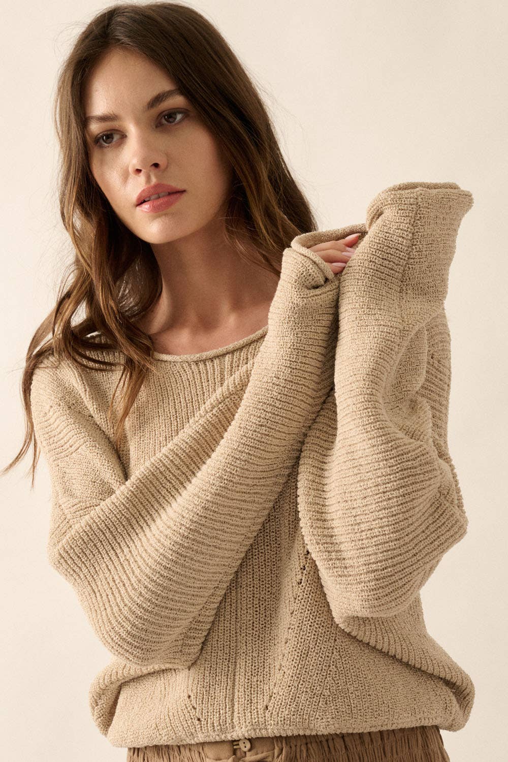 Solid Rib-Knit Dolman-Sleeve Sweater: Oatmeal