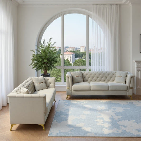 FX-P83-2PC SOFA -CW4  Modern Velvet Upholstered Sofa Set of 2, Cream White 3-Seater Sofas with Gold Metal Legs Contemporary Living Room Furniture for Family Homes, Apartments, and Lounge Spaces