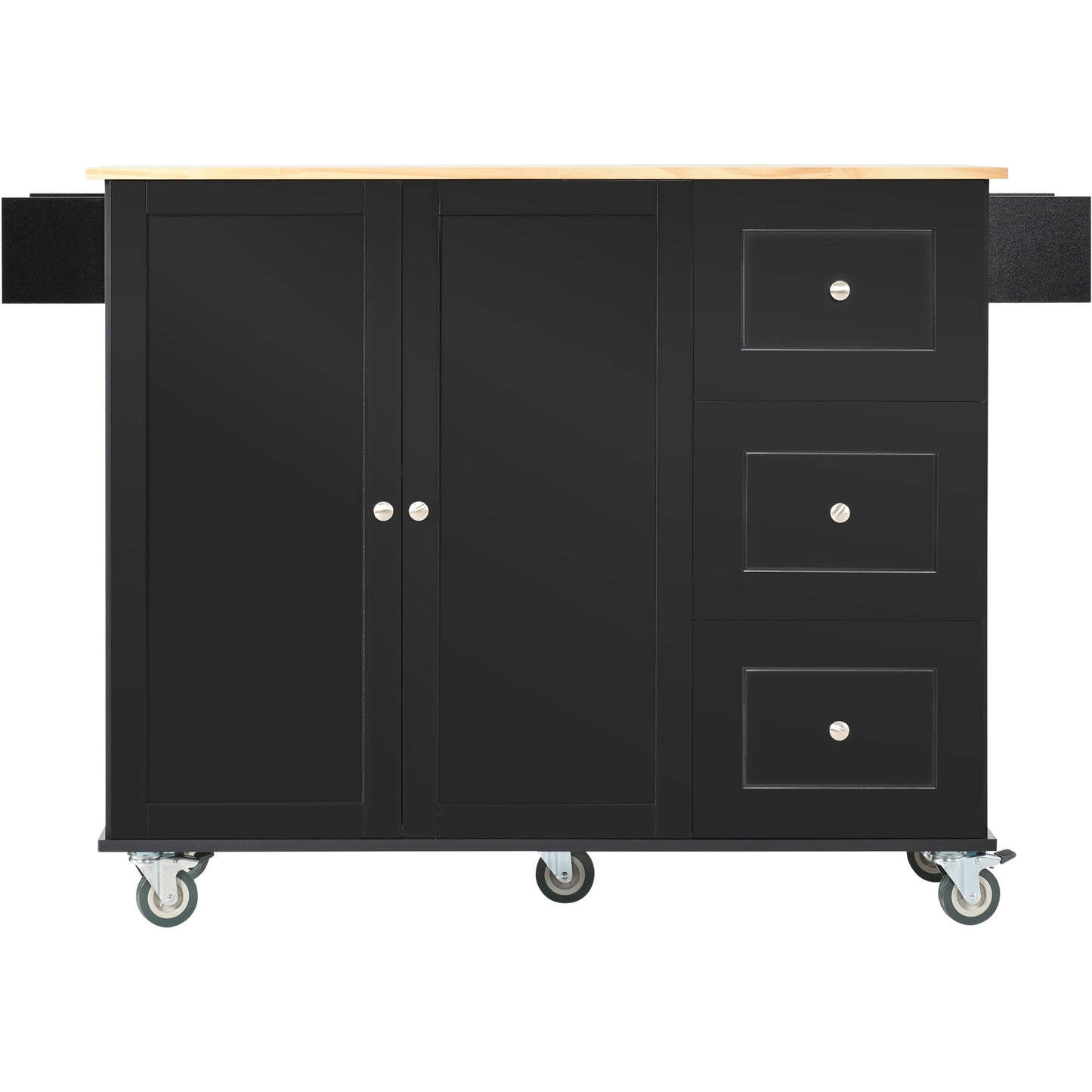 Rolling Mobile Kitchen Island with Solid Wood Top and Locking Wheels,52.7 Inch Width,Storage Cabinet and Drop Leaf Breakfast Bar,Spice Rack, Towel Rack & Drawer (Black)