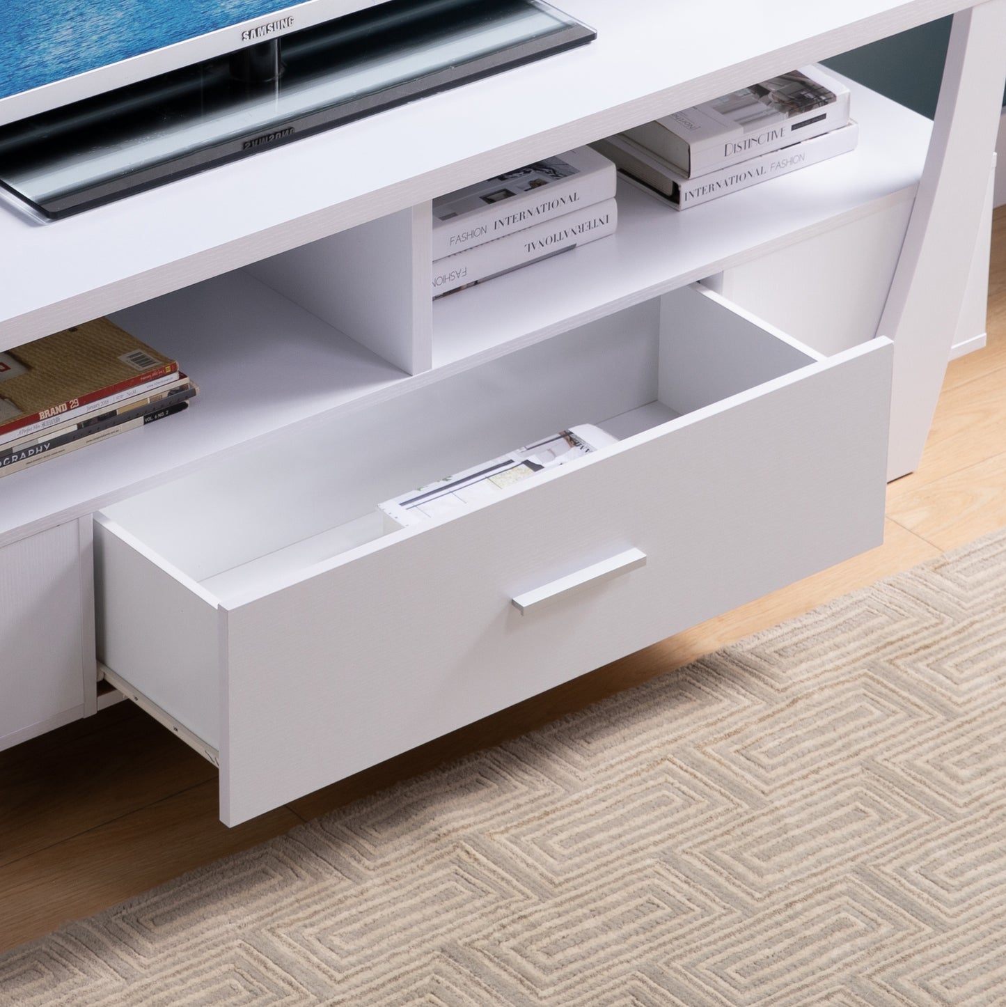 White TV Stand with Two Shelves, One Drawer, and Side Shelf Modern Entertainment Center for Media Storage