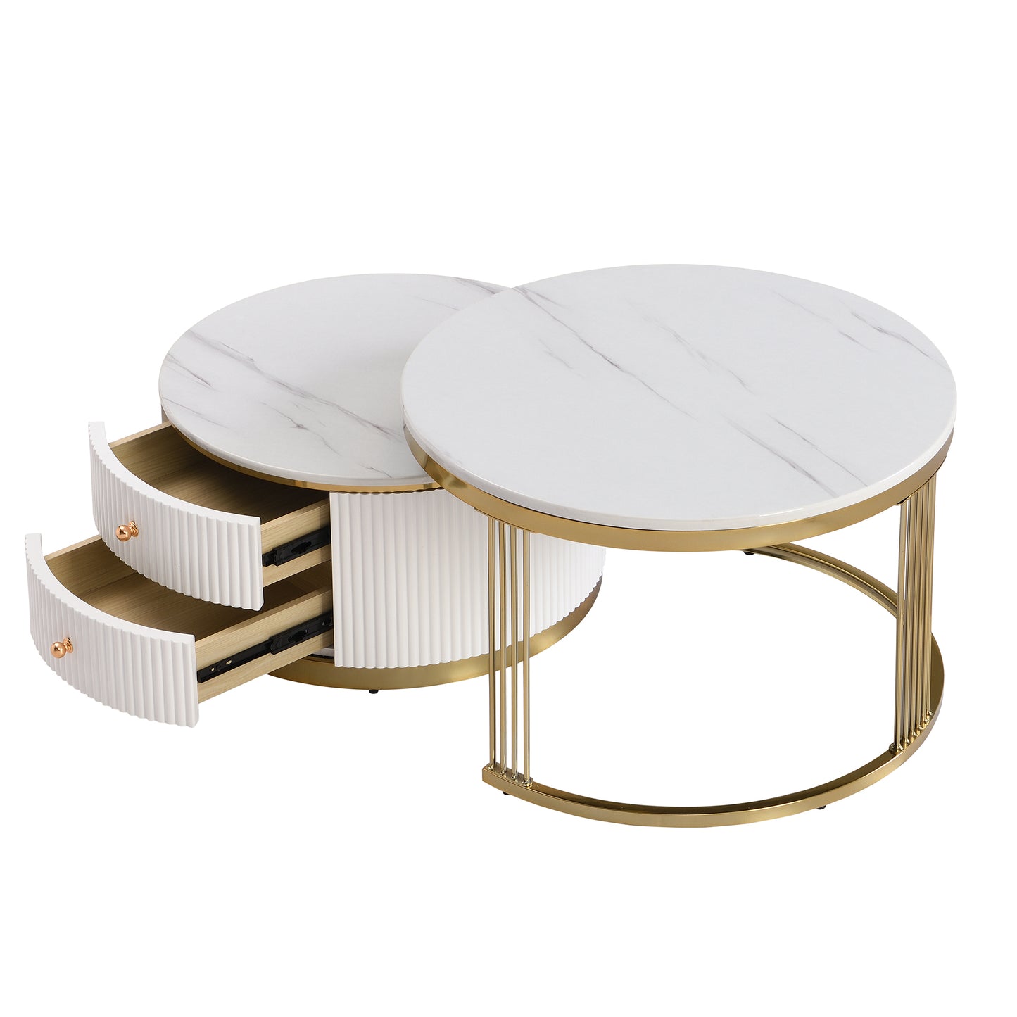 Modern 2 Pieces White Round Nesting  Coffee Table with Drawers in 27.6''