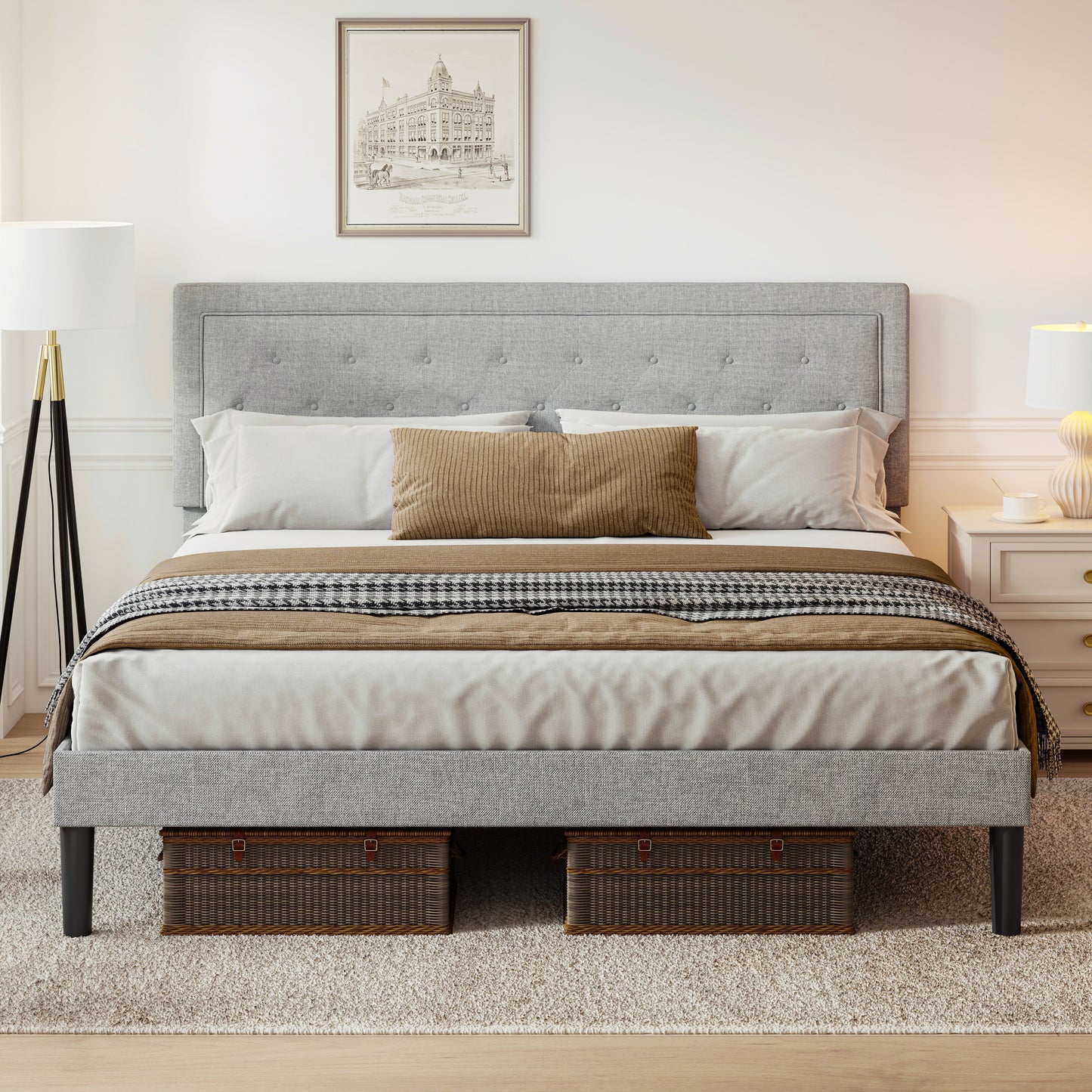 Light Grey Bed Frame with Adjustable Border Headboard Queen Size