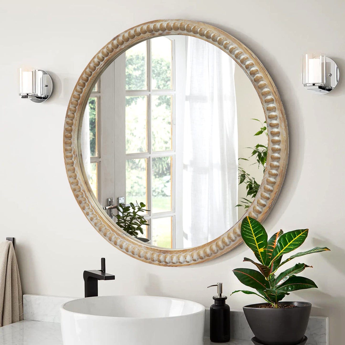 Round Decorative Wall Mirror, 31.50' Distressed Wood Beaded Frame Mirror for Entryway, Living Room, Bathroom, Farmhouse Style Accent Mirror