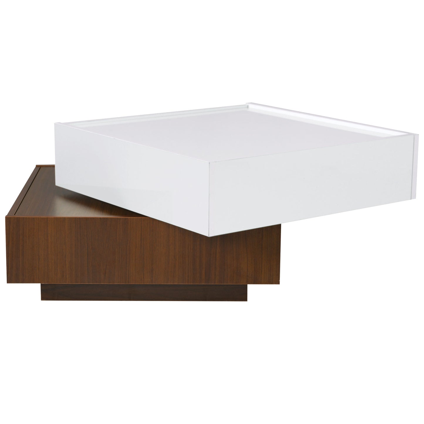 ON-TREND Square 360°Rotating Coffee Table with 2 Drawers, High Gloss 2-Tier Center Table with Swivel Tabletop and Storage, Walnut Table Frame Side Table for Living Room, White