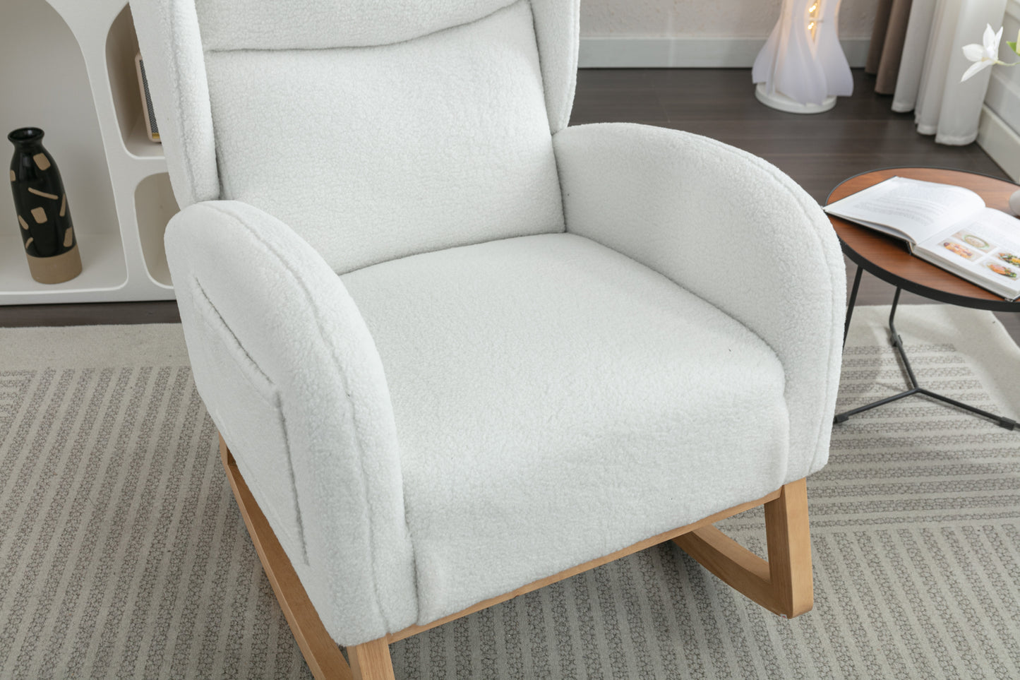 049-Teddy Fabric Rocking Chair With Packet Wood Legs,Ivory