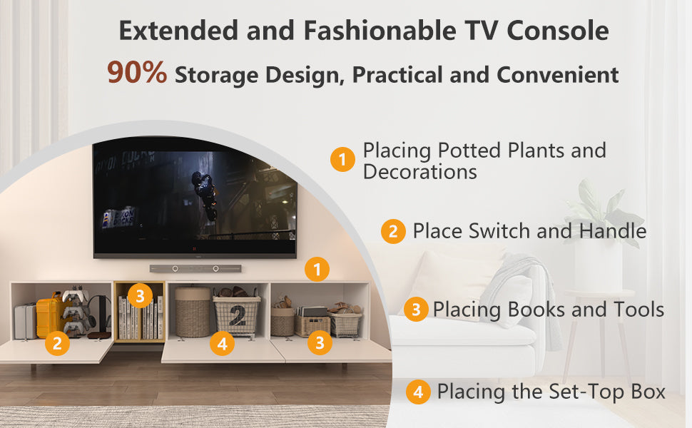 [Video] TV Console with Big Storage Cabinets, Modern TV Stand with Yellow and Ivory Contrasting Colors, Wireless Charging Entertainment Center for Living Room and Bedroom(White, for 80 inches)