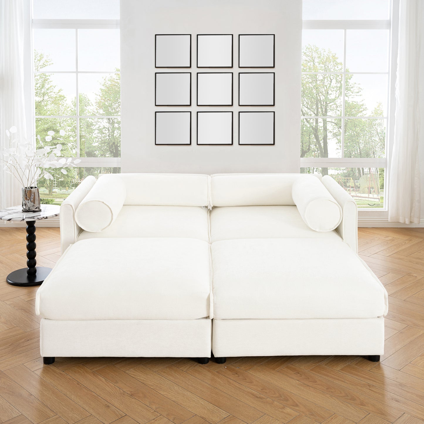 Stylish White Chenille 2-Seater Sofa with 2 Ottoman Storage Seat, Cylindrical Backrest and Armrests, Modern Fabric Loveseat Featuring Hidden Storage Space