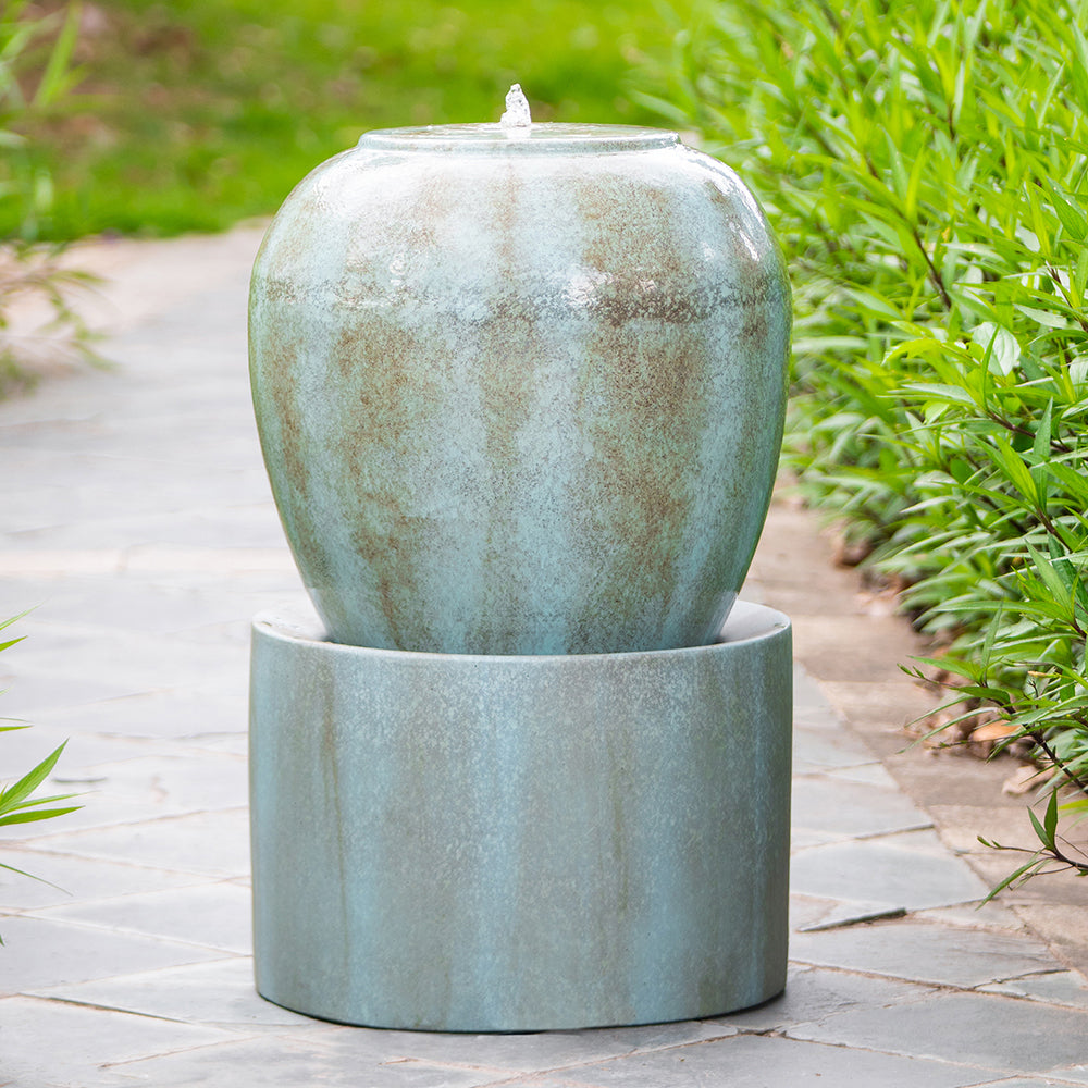 19.5x19.5x32.5' Heavy Outdoor Cement Fountain Antique Blue, Cute Unique Urn Design Water feature For Home Garden, Lawn, Deck & Patio