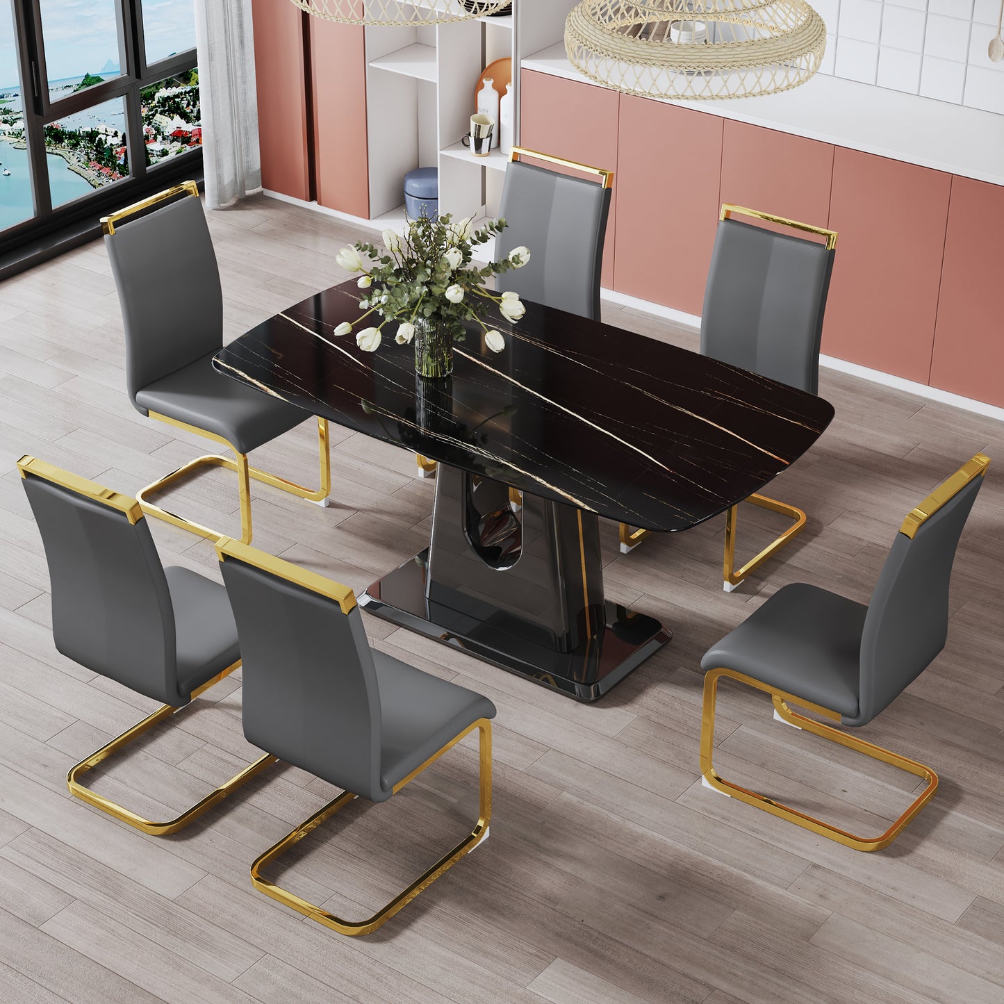 A modern, minimalist, and luxurious table. A black imitation marble tabletop with MDF U-shaped legs. Dining table, computer table. For restaurants and living rooms 63" * 35.4"* 30" F-U