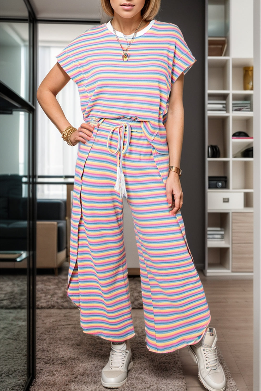 Striped Round Neck Top and Drawstring Pants Set