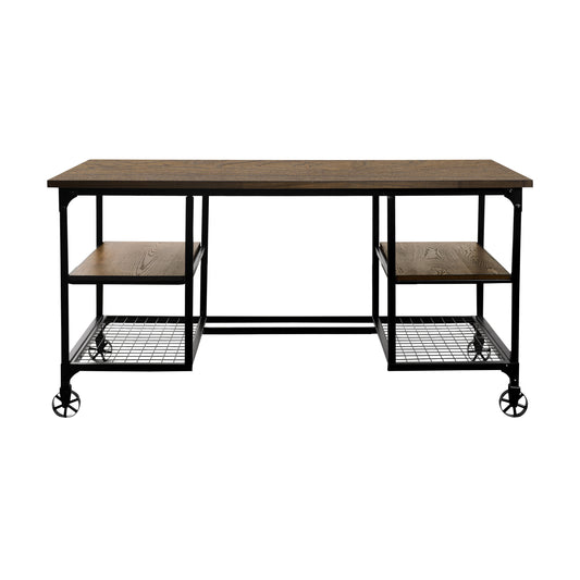Modern Traditional Aesthetic 1pc Writing Desk with 4x Shelves Metal Casters Natural Finish and Rustic Black Metal Finish