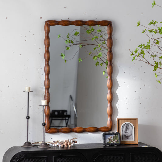 36.02' Mid-Century Modern Swirl Wood Frame Mirror - Solid Wood & MDF Wall-Mounted Full-Length Mirror, Brown Decorative Mirror for Bedroom/Living Room