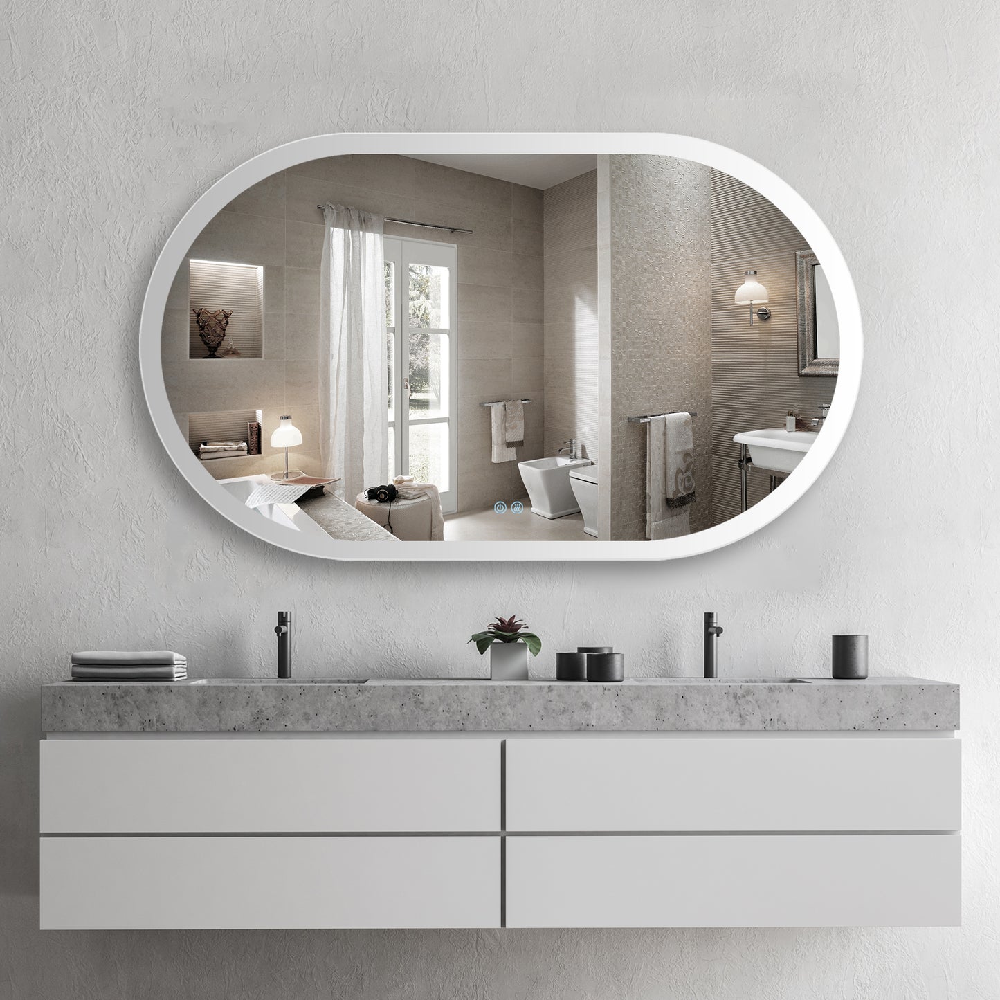 36X24 Inch Bathroom Mirror with Lights, Anti Fog Dimmable LED Mirror for Wall Touch Control, Frameless Oval Smart Vanity Mirror Vertical Hanging