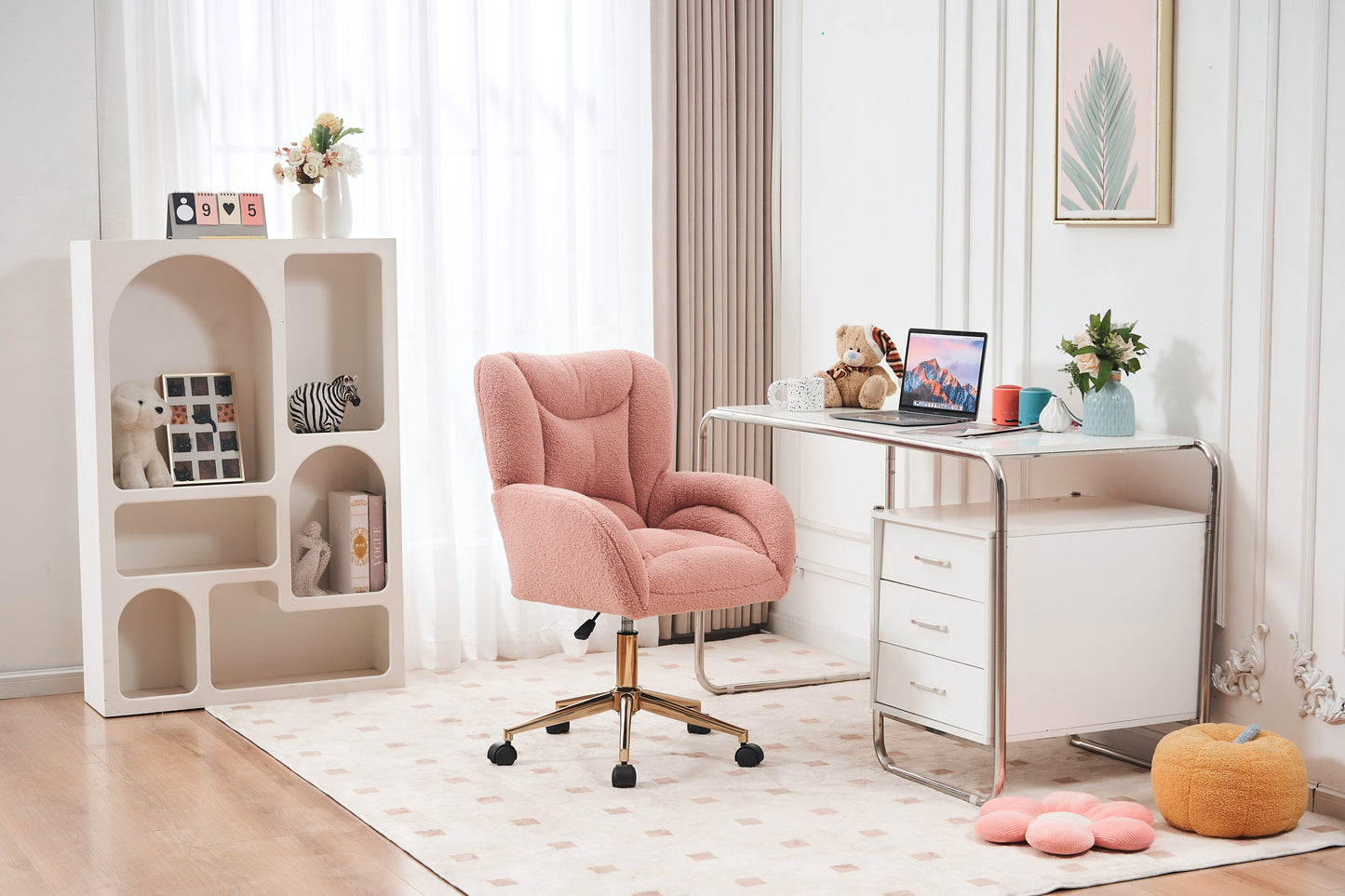 005-Teddy Fabric 360 Swivel Home Office Chair With Gold Metal Base And Universal Wheels,Pink