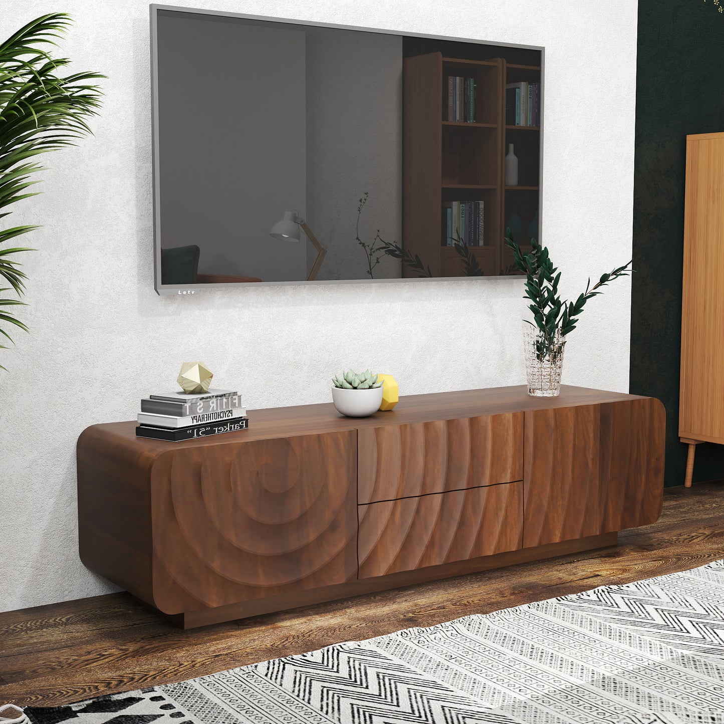 58''Tv Console With Mid Century Unique Spiral Wave Design With Storage Cabinet And 2 Drawers Tv Stand For Living Room, Bedroom, Walnut