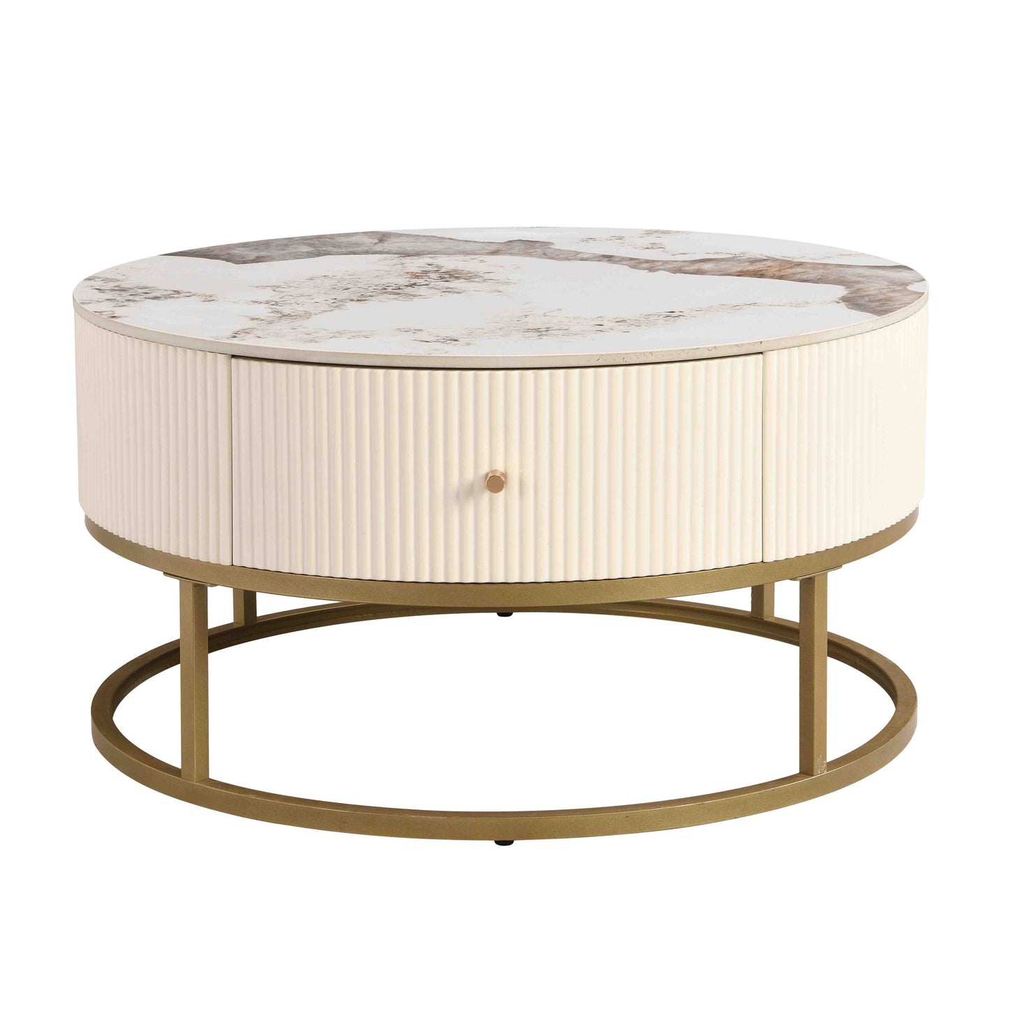 31.5 Inch Modern Round Coffee Table with Drawers, Marble Table with Storage, Coffee Table for Living Room