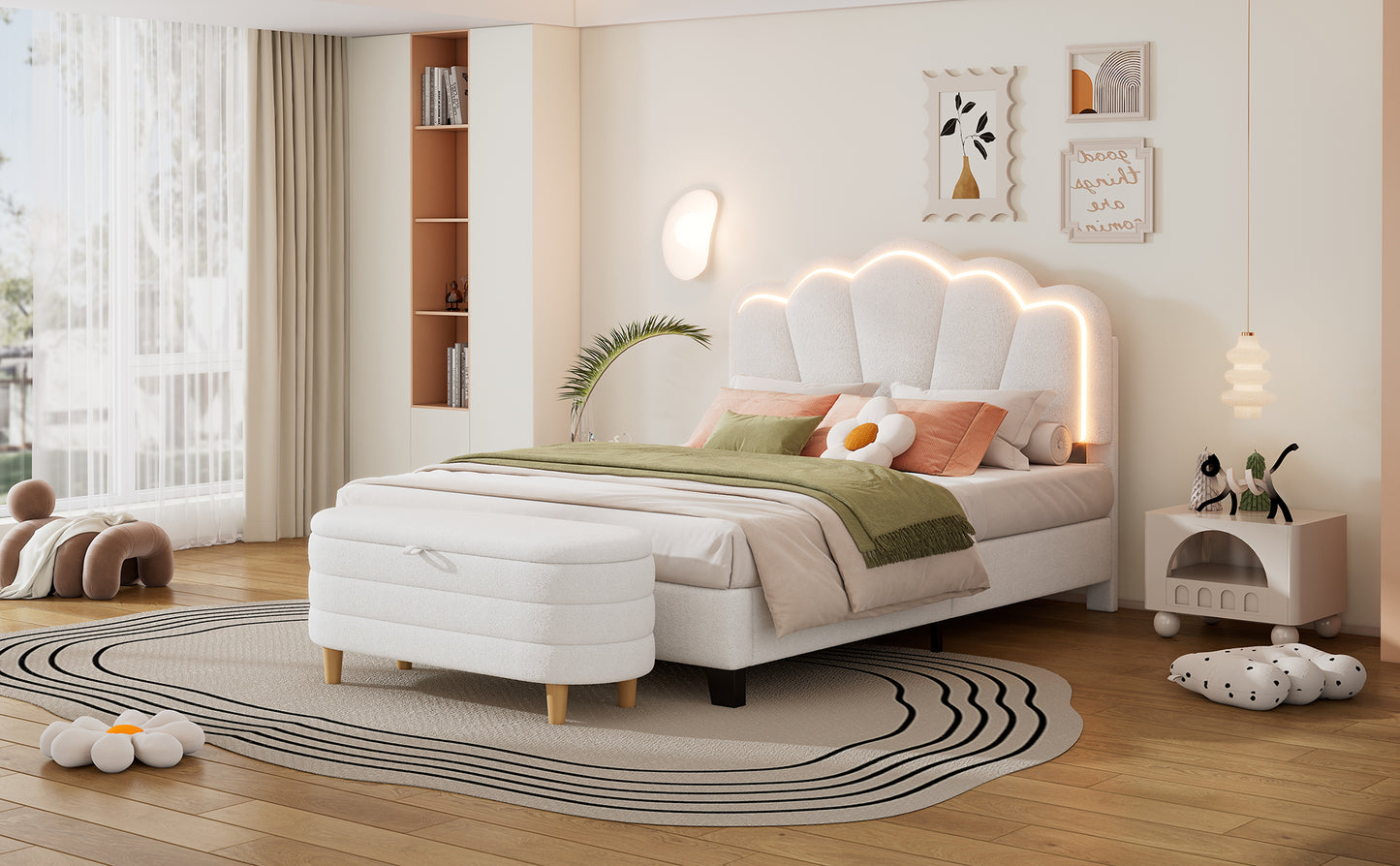 2-Pieces Bedroom Sets Full Size Flower-Shaped Upholstered LED Platform Bed with Storage Ottoman-Sherpa Fabric, White