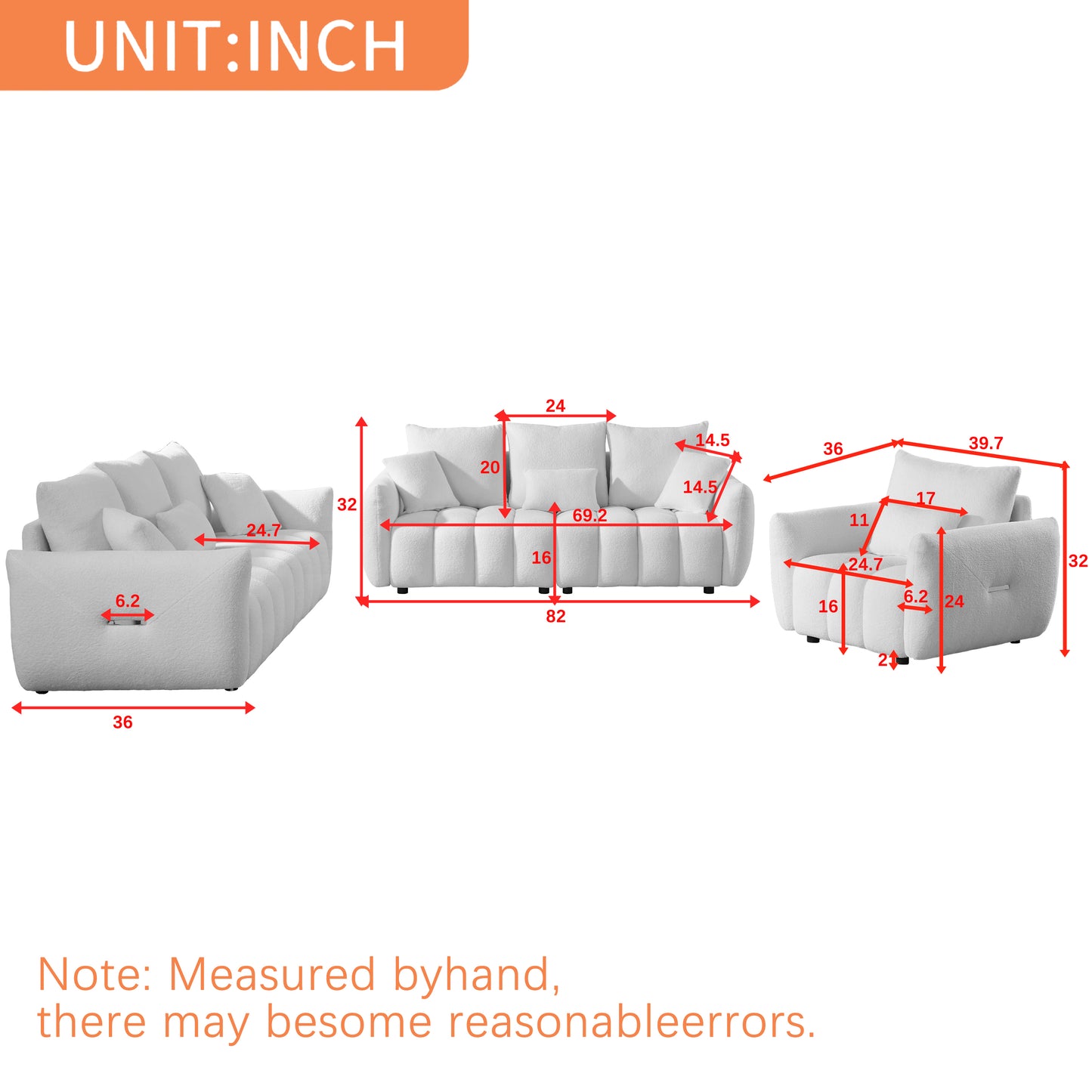 1 Seater + 3 Seater + 3 Seater,  Combo Sofa Modern Living Room Sofa, Teddy Sofa, Wooden Frame, 7 Cushions, Apartment Sofa Furniture