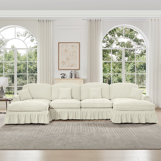 Classic U Shape 4 Seater Modular Sectional Sofa Couch with Flared Arms and Removable Ruffles Pleats Skirts and Spindle Legs, Chenille Deep Seat Cloud Sofa with Movable Ottomans, Beige White