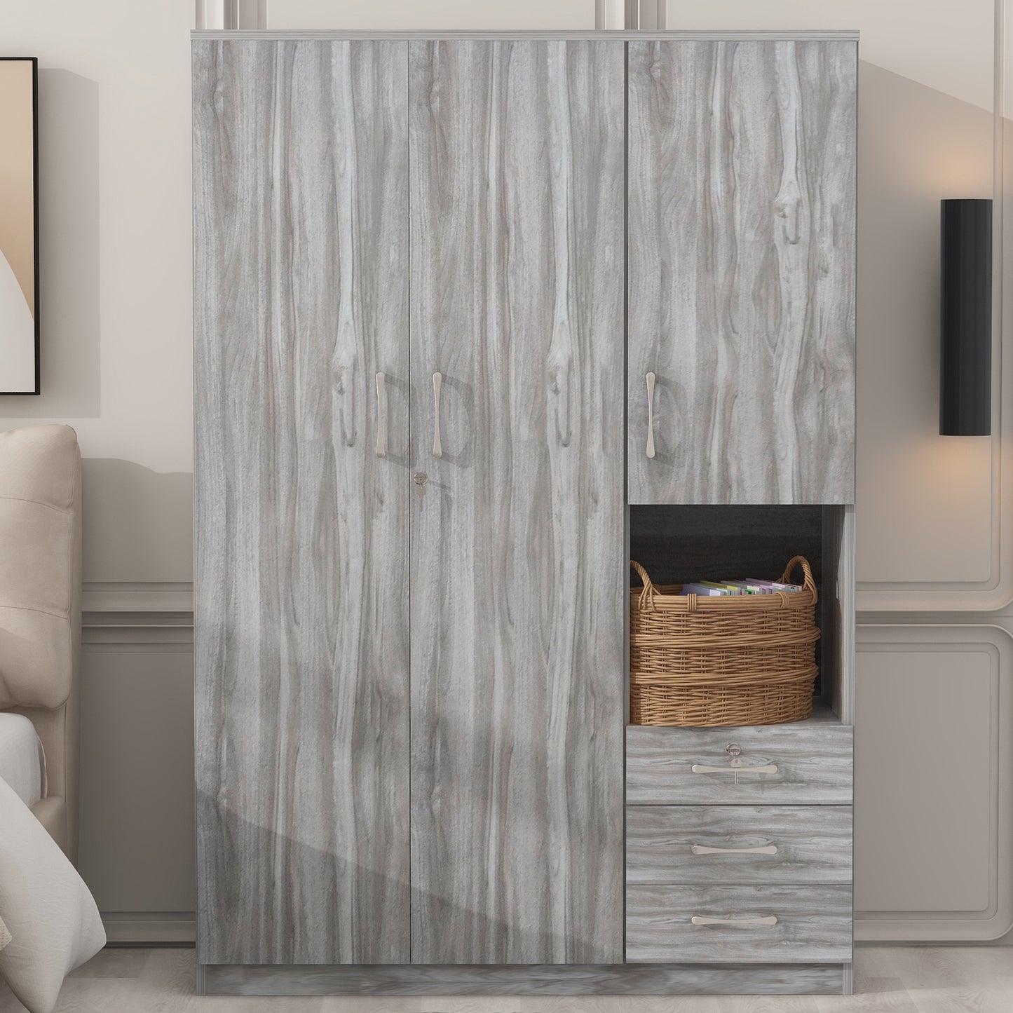 2-Doors Wooden Wardrobe Storage for Bedroom, with Shelves and 3 Drawers, Gray