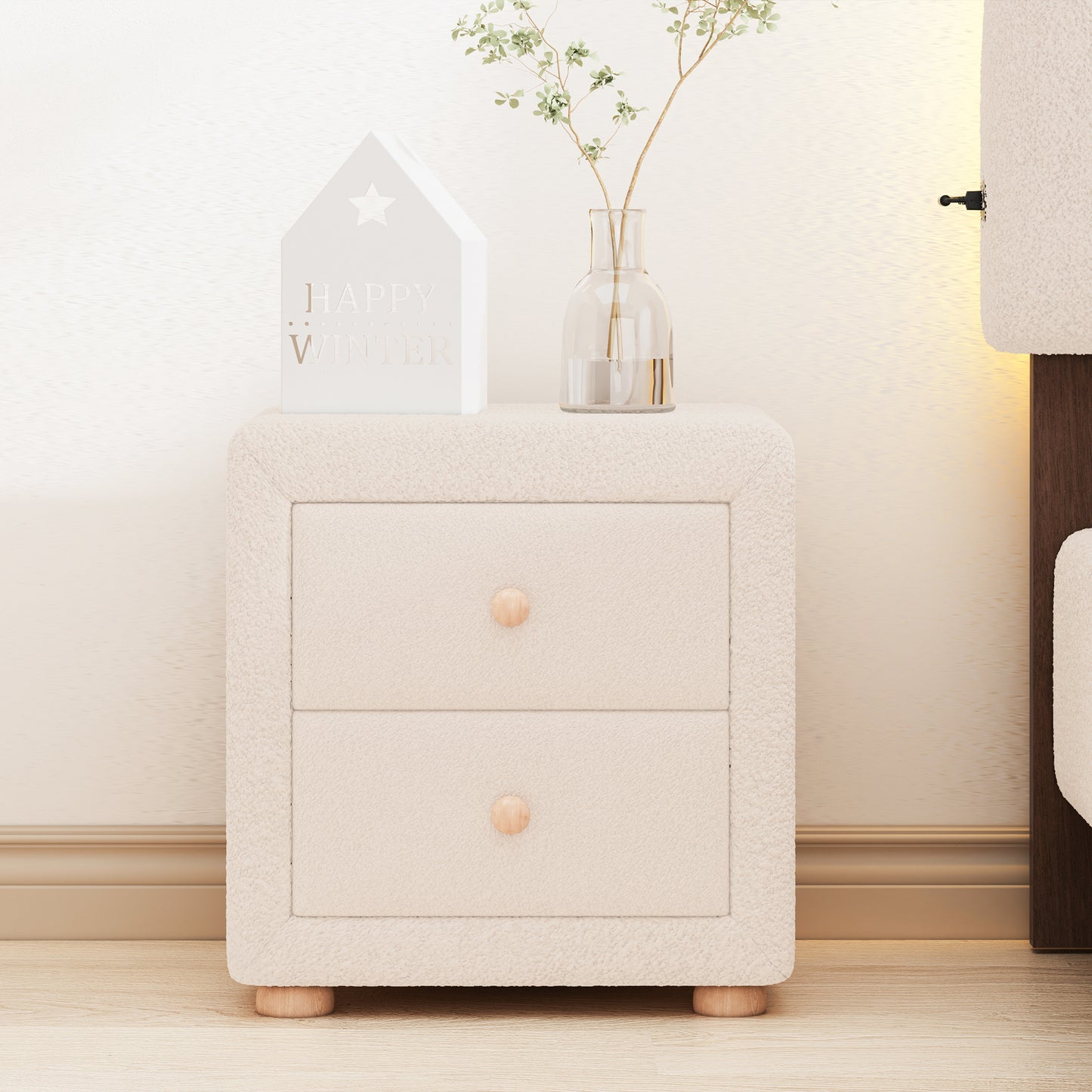 Teddy Fleece Nightstand with 2 Drawers, Beige